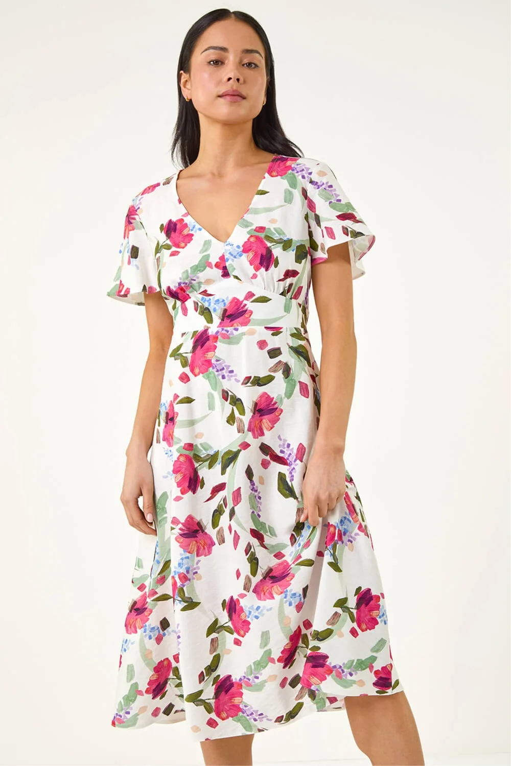 Roman Ivory Petite Floral V-Neck Midi Dress - 18 Image 2