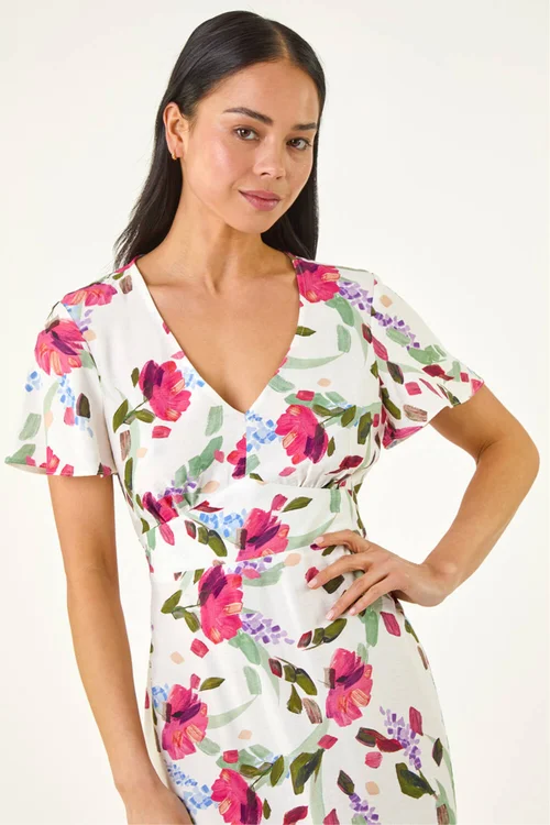 Roman Ivory Petite Floral V-Neck Midi Dress - 18 Image 4