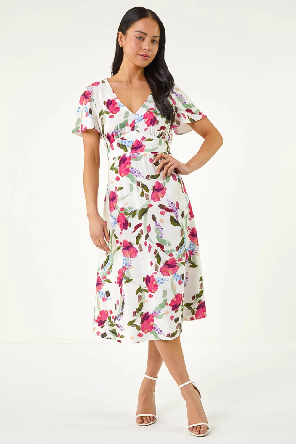 Roman Ivory Petite Floral V-Neck Midi Dress - 18 Image 1