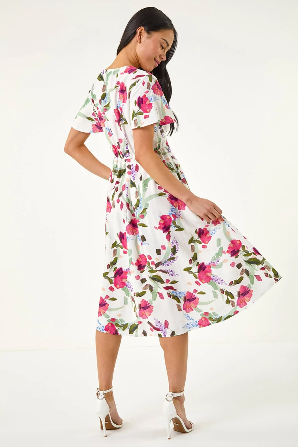 Roman Ivory Petite Floral V-Neck Midi Dress - 18 Image 3