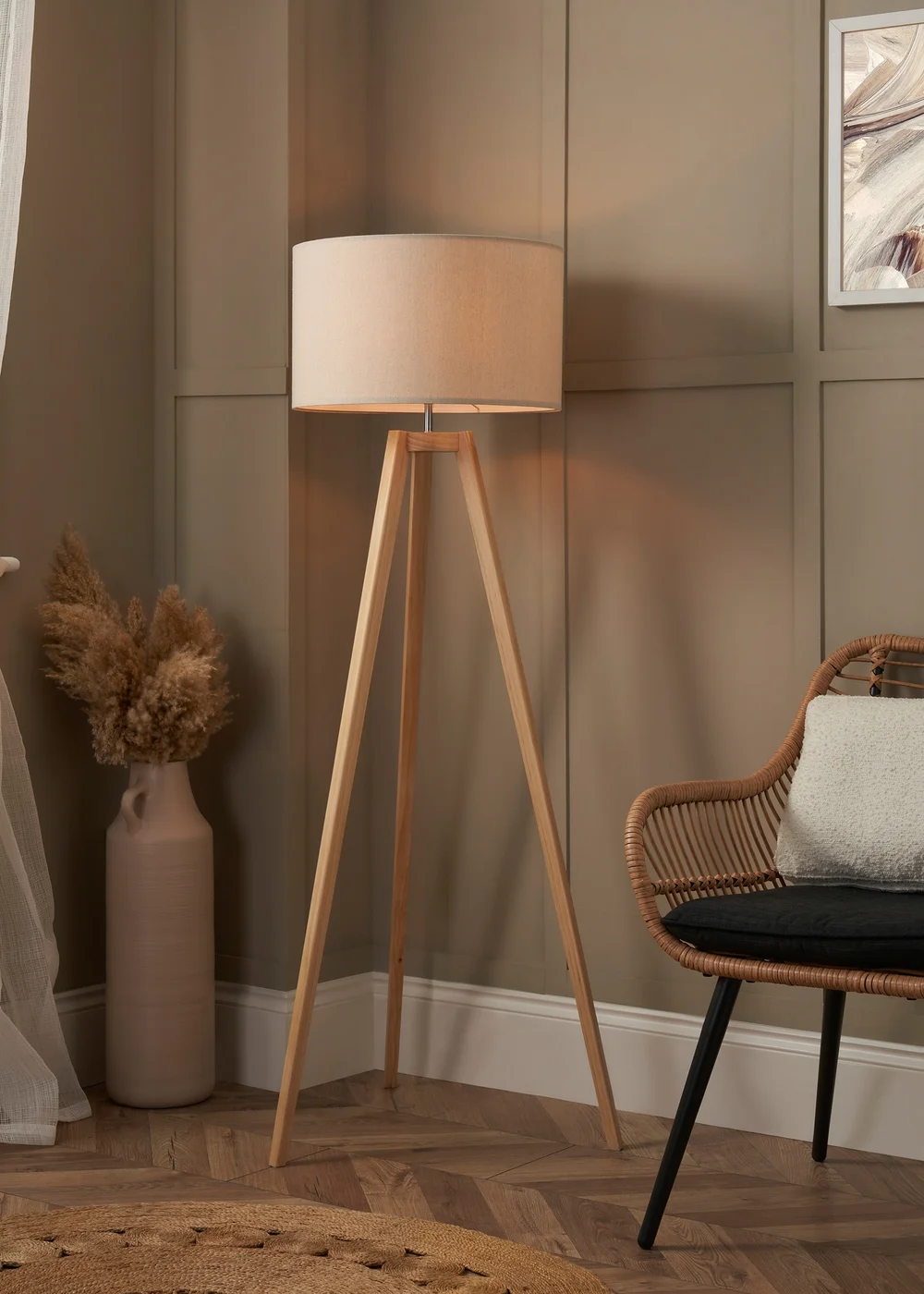 BHS Oak Keeley Wooden Tripod Floor Lamp - One Size Image 1