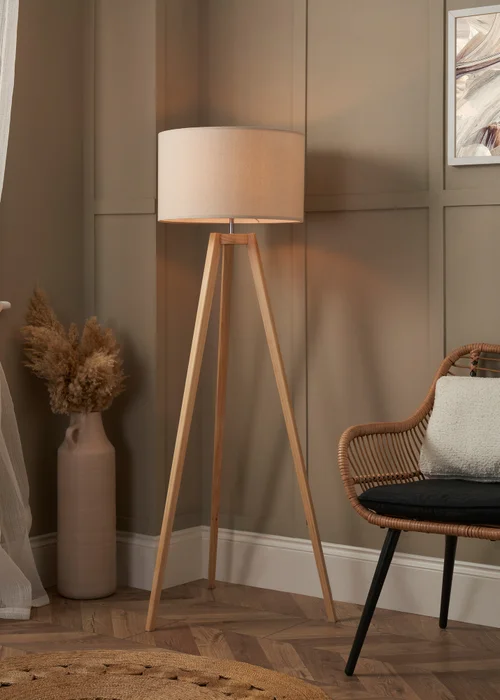 BHS Oak Keeley Wooden Tripod Floor Lamp - One Size Image 1