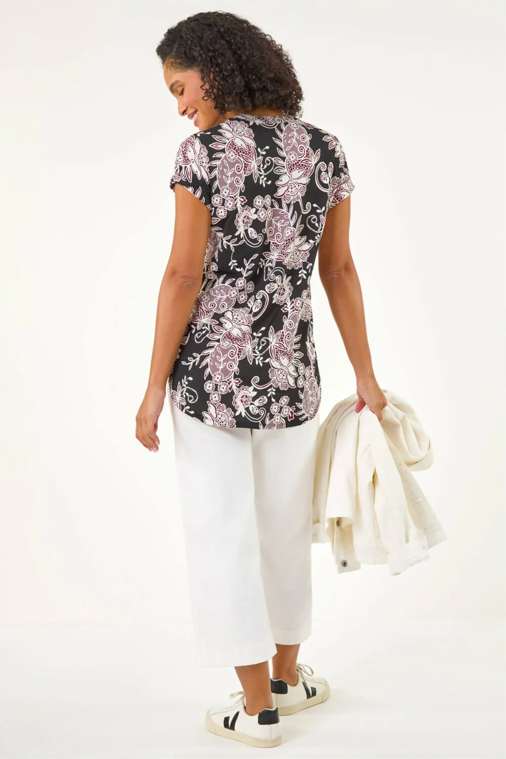 Roman Black Floral Puff Print Lace Stretch Top - 18 Image 3
