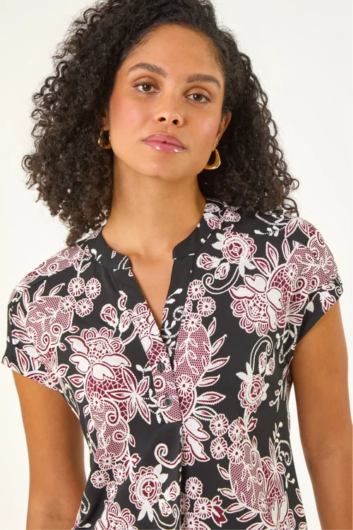 Roman Black Floral Puff Print Lace Stretch Top - 18 Image 4