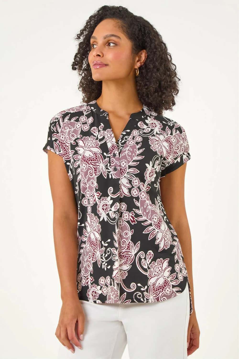 Roman Black Floral Puff Print Lace Stretch Top - 18 Image 1