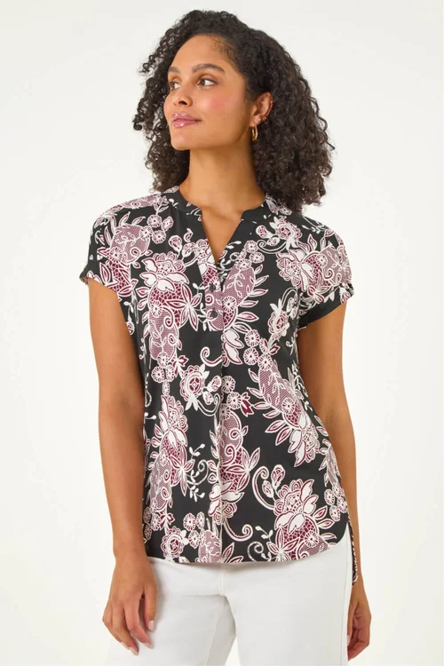 Roman Black Floral Puff Print Lace Stretch Top - 18 Image 1