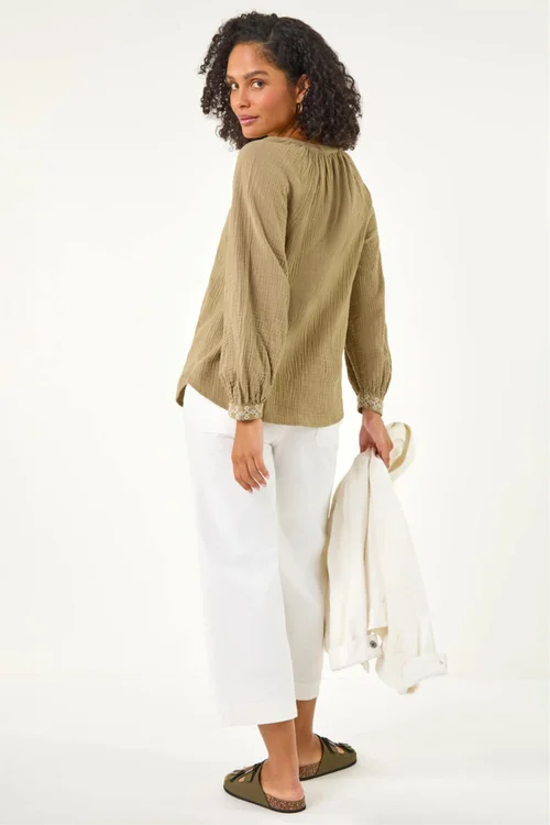 Roman Khaki Embroidered Neck Top - 16 Image 3