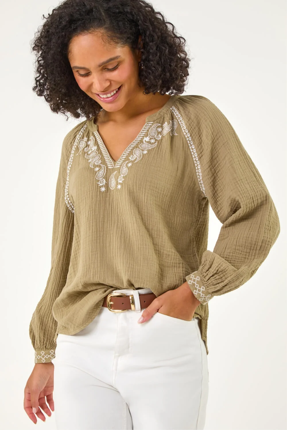 Roman Khaki Embroidered Neck Top - 16 Image 4