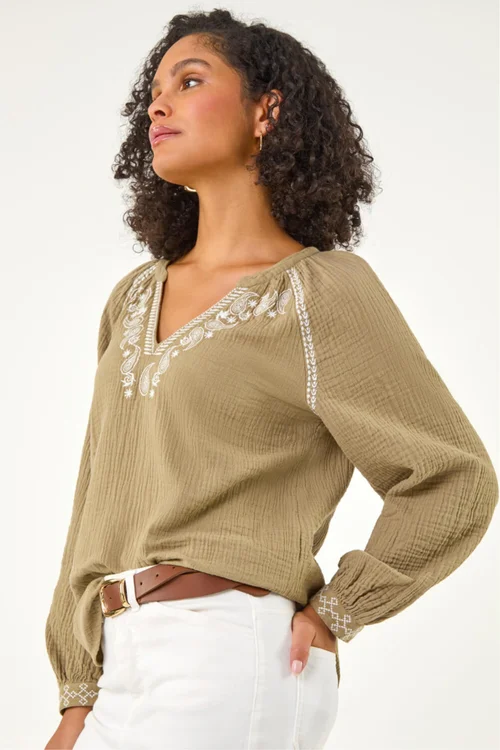 Roman Khaki Embroidered Neck Top - 16 Image 1
