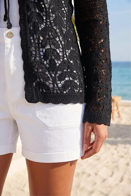 Roman Black Petite Cotton Crochet Knit Cardigan - S Image 4