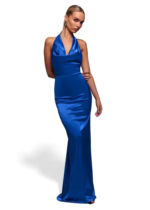 Goddiva Royal Blue Halter Cowl Neck Back Maxi Dress - 12 Image 1