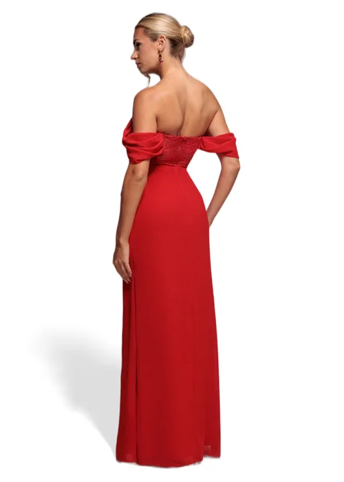 Goddiva Red Scalloped Lace & Chiffon Winged Corset Bodice Maxi Dress - 10 Image 2