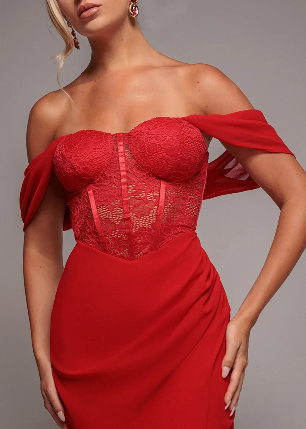 Goddiva Red Scalloped Lace & Chiffon Winged Corset Bodice Maxi Dress - 10 Image 3