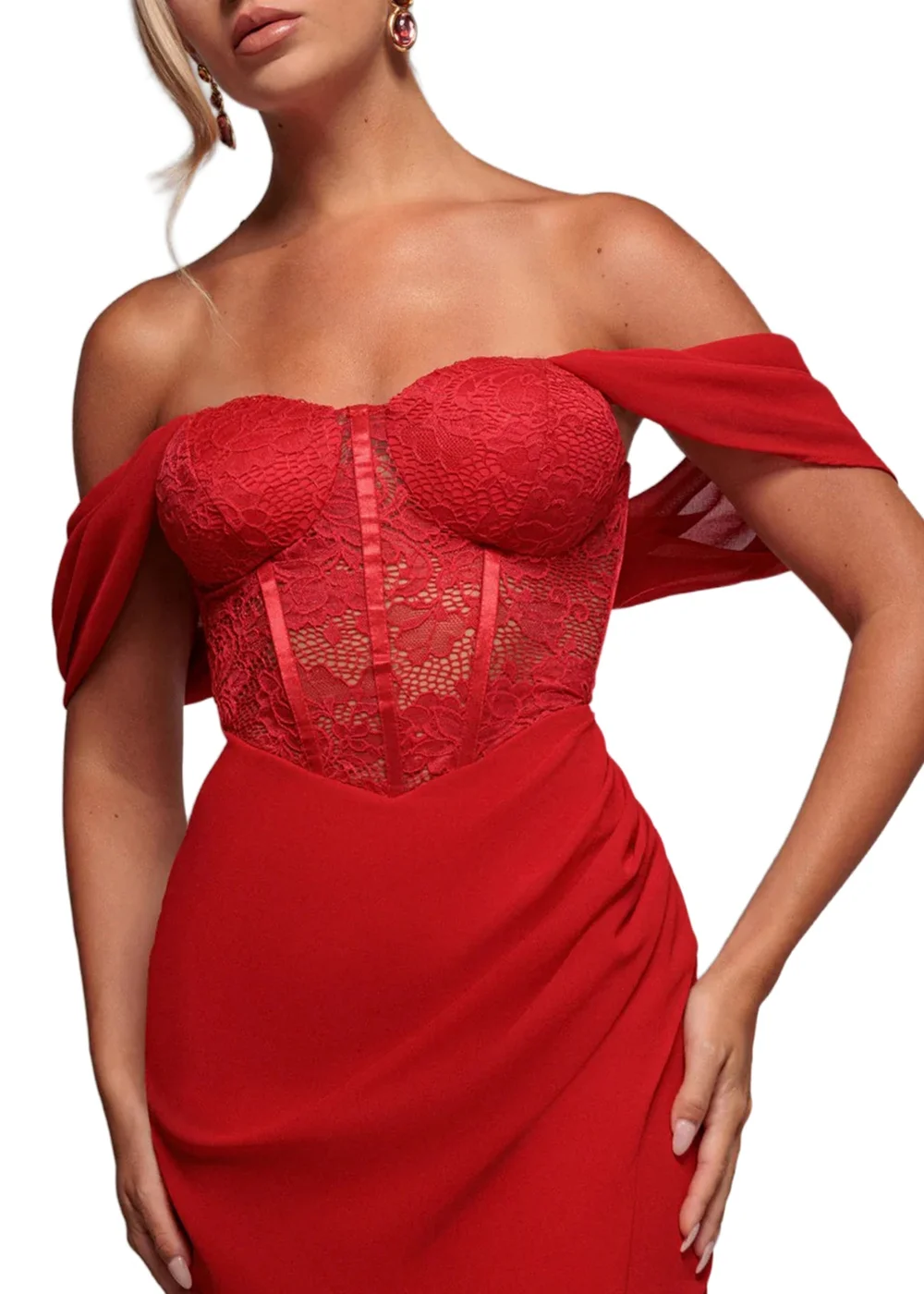 Goddiva Red Scalloped Lace & Chiffon Winged Corset Bodice Maxi Dress - 10 Image 3