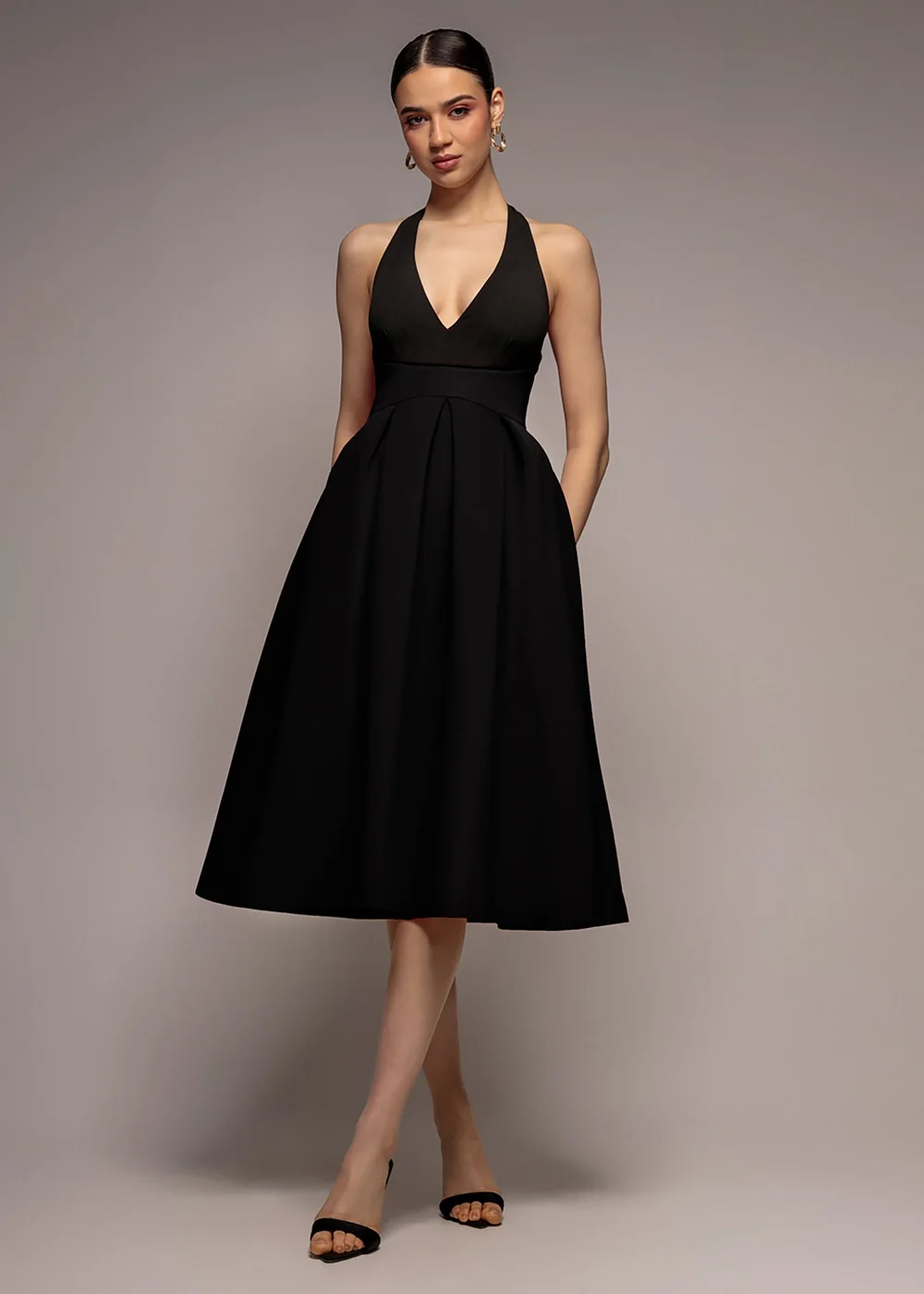 Goddiva Black Halter Neck Pleated A Line Midaxi Dress - 12 Image 1