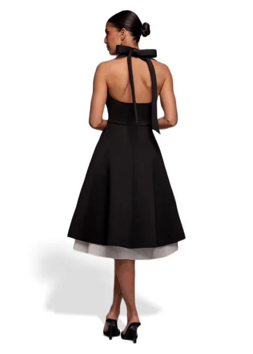 Goddiva Black Cream Contrast Organza Frill Bow Back Halter Midi Dress - 16 Image 2