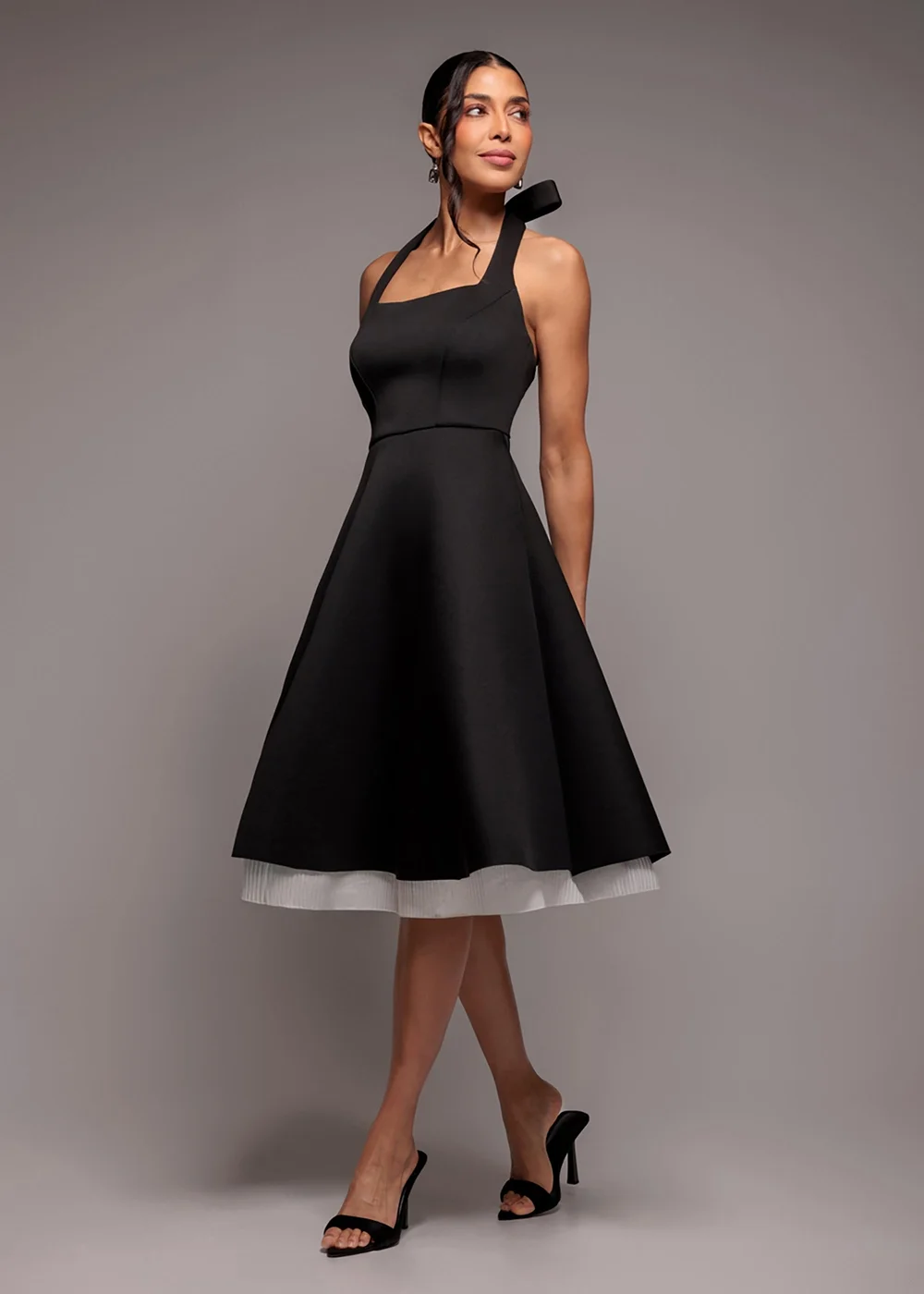 Goddiva Black Cream Contrast Organza Frill Bow Back Halter Midi Dress - 16 Image 1
