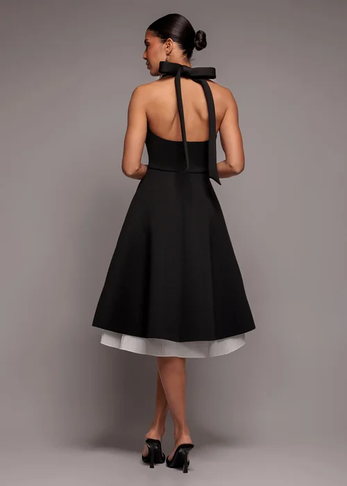 Goddiva Black Cream Contrast Organza Frill Bow Back Halter Midi Dress - 16 Image 2