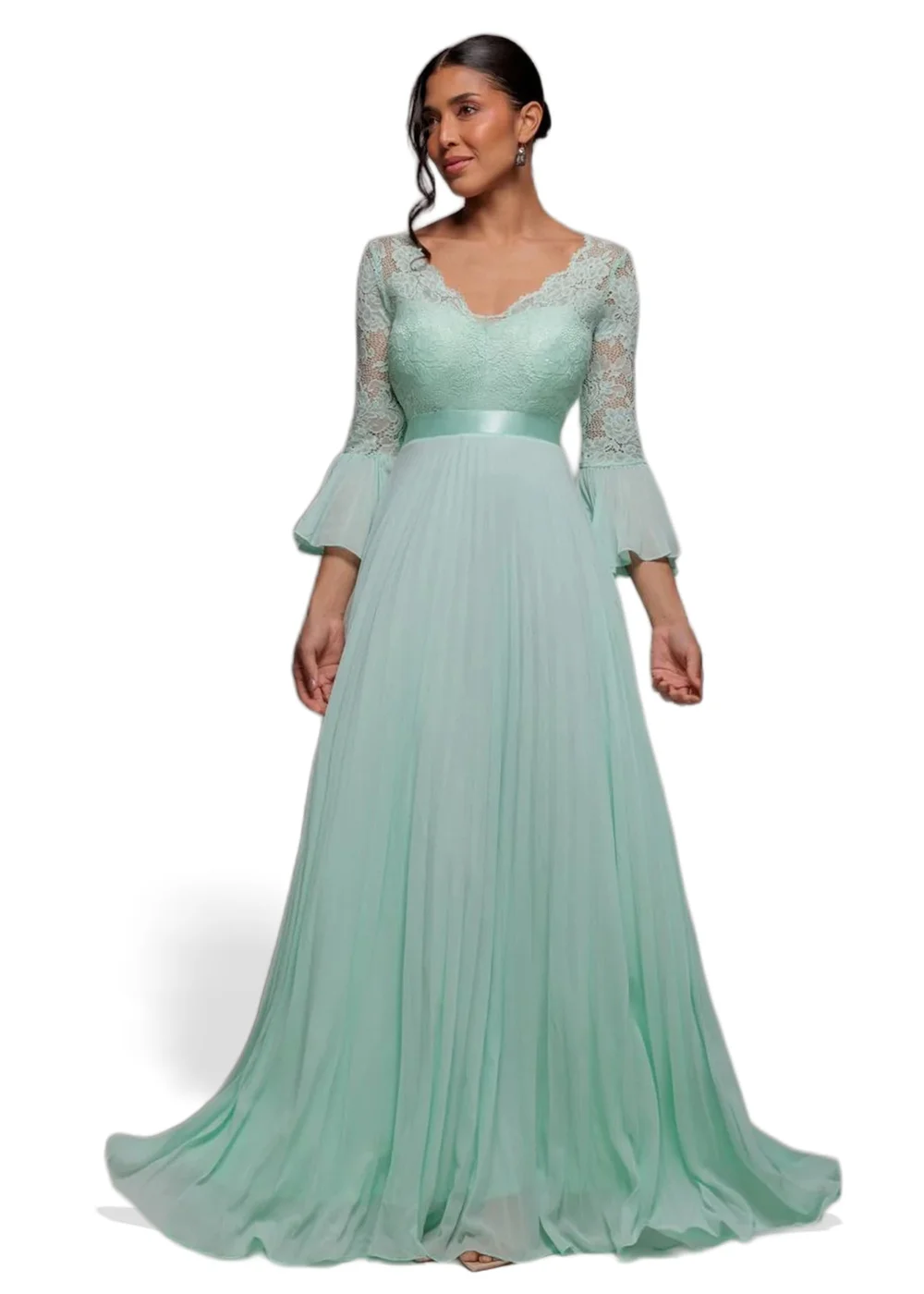 Goddiva Mint Scalloped Lace Bodice Pleated Chiffon A Line Maxi Dress - 14 Image 1
