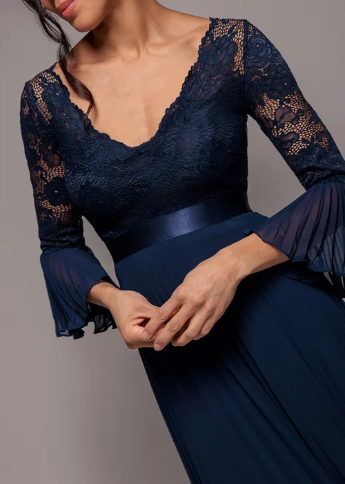 Goddiva Navy Scalloped Lace Bodice Pleated Chiffon A Line Maxi Dress - 6 Image 3