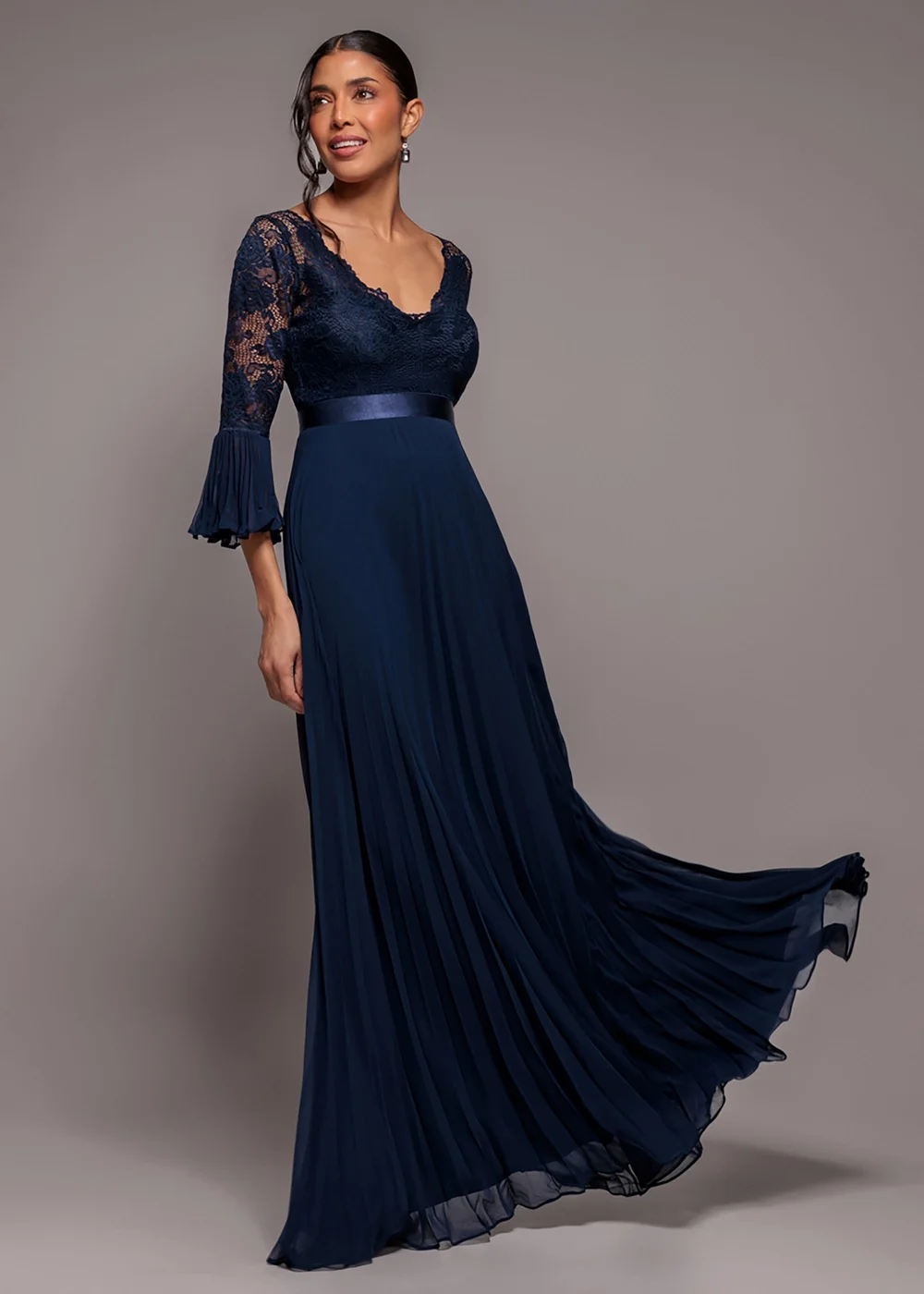 Goddiva Navy Scalloped Lace Bodice Pleated Chiffon A Line Maxi Dress - 6 Image 1