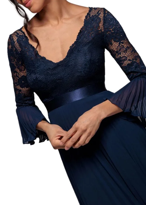 Goddiva Navy Scalloped Lace Bodice Pleated Chiffon A Line Maxi Dress - 6 Image 3