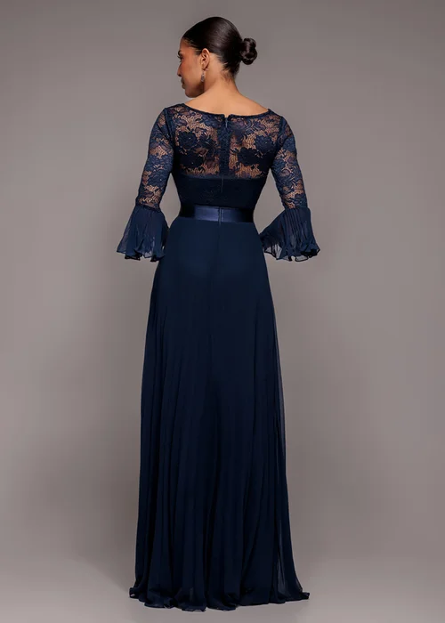 Goddiva Navy Scalloped Lace Bodice Pleated Chiffon A Line Maxi Dress - 6 Image 2