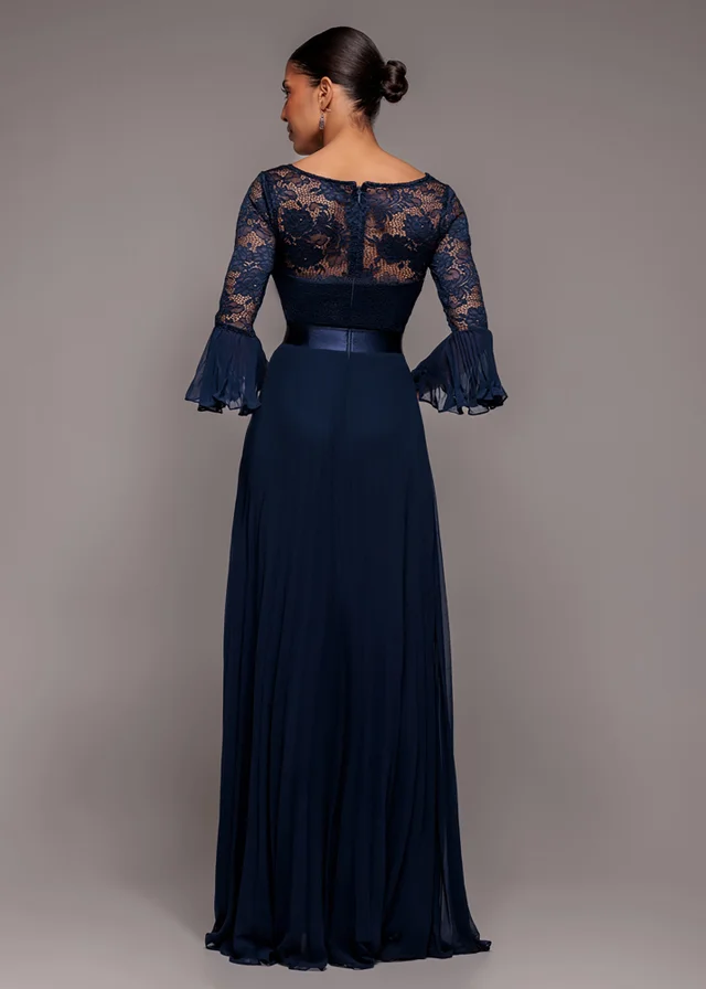 Goddiva Navy Scalloped Lace Bodice Pleated Chiffon A Line Maxi Dress