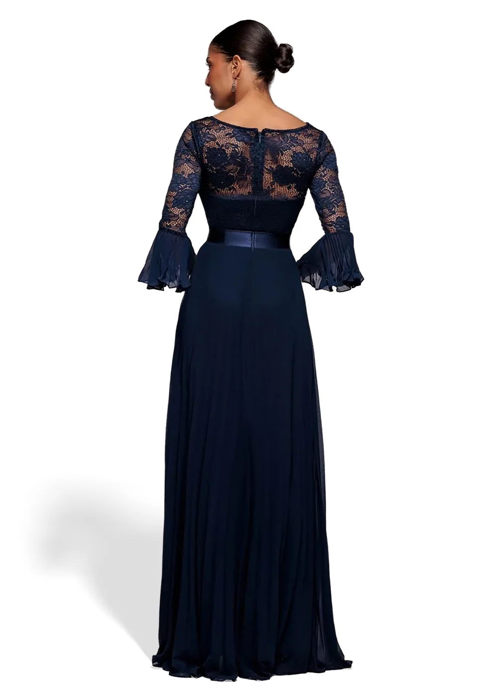 Goddiva Navy Scalloped Lace Bodice Pleated Chiffon A Line Maxi Dress - 6 Image 2