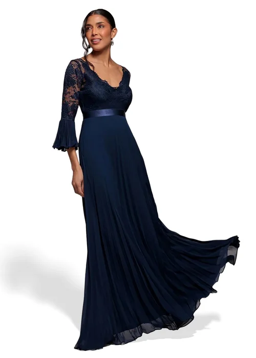 Goddiva Navy Scalloped Lace Bodice Pleated Chiffon A Line Maxi Dress - 6 Image 1