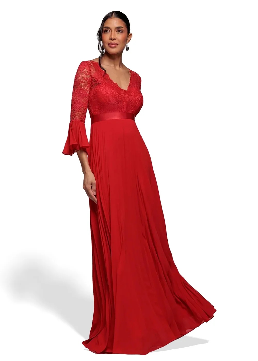 Goddiva Red Scalloped Lace Bodice Pleated Chiffon A Line Maxi Dress - 16 Goddiva Red Scalloped Lace Bodice Pleated Chiffon A Line Maxi Dress - 16