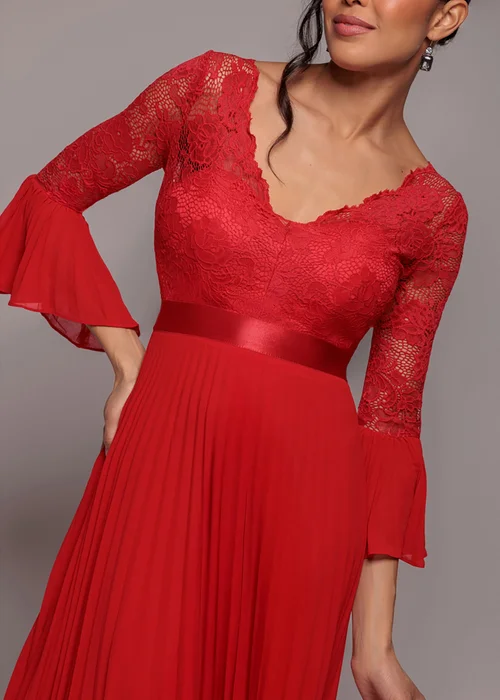 Goddiva Red Scalloped Lace Bodice Pleated Chiffon A Line Maxi Dress - 10 Image 3