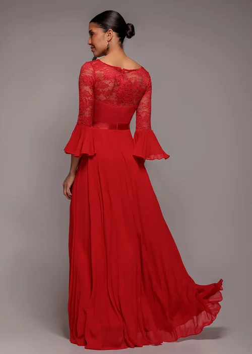 Goddiva Red Scalloped Lace Bodice Pleated Chiffon A Line Maxi Dress - 10 Image 2