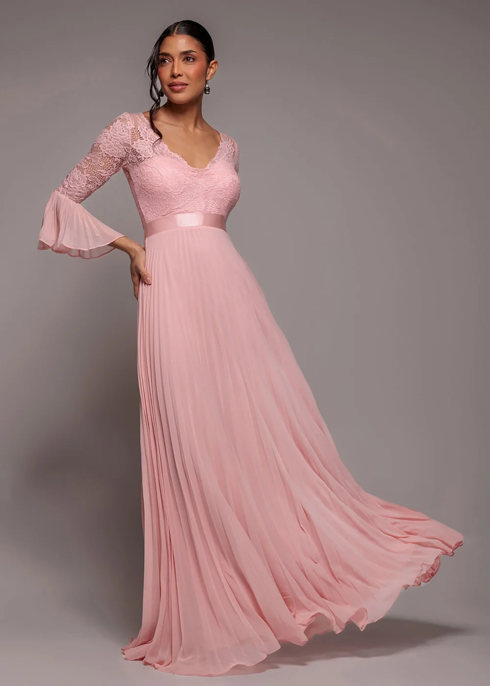Goddiva Blush Pink Scalloped Lace Bodice Pleated Chiffon A Line Maxi Dress - 16 Image 1