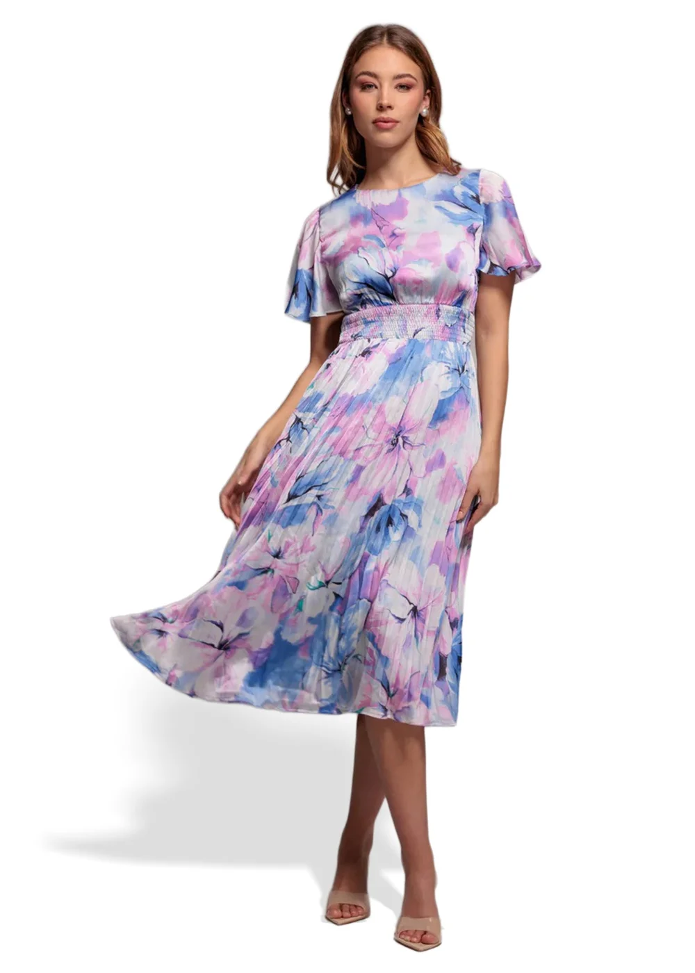 Goddiva Blue Flutter Sleeve Pleated Skirt Floral Midi Dress - 18 Image 1