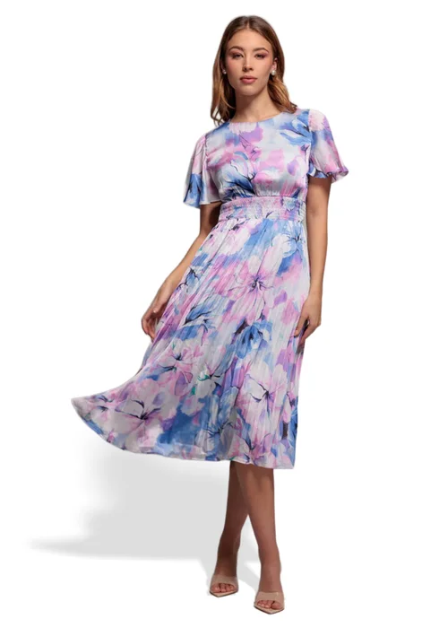 Goddiva Blue Flutter Sleeve Pleated Skirt Floral Midi Dress - 18 Image 1