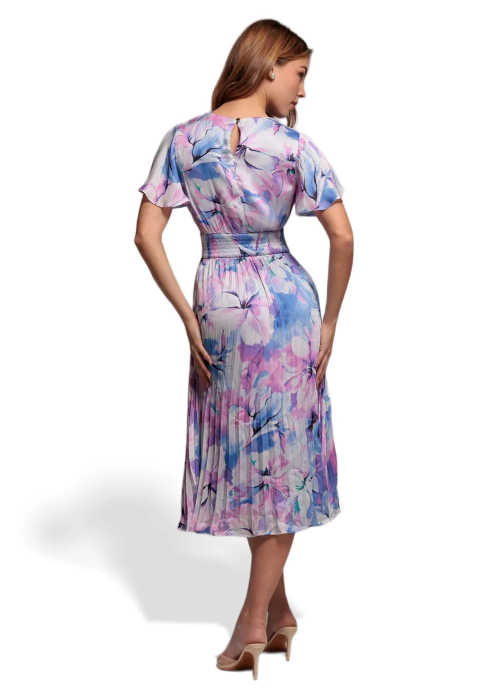 Goddiva Blue Flutter Sleeve Pleated Skirt Floral Midi Dress - 18 Image 2