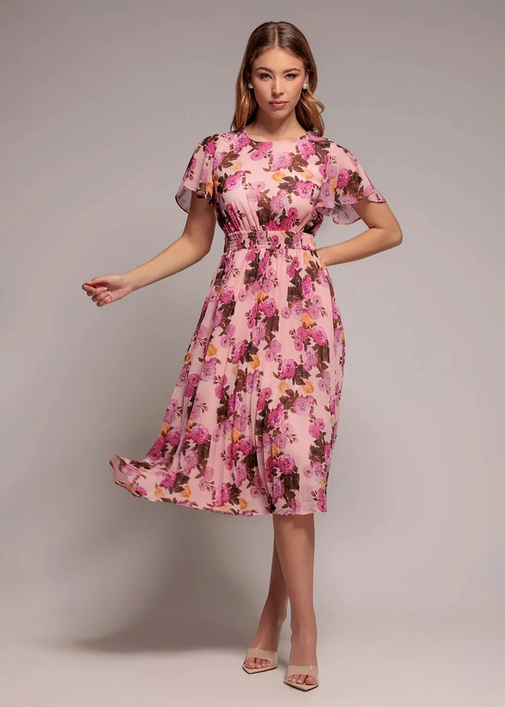 Goddiva Pink Flutter Sleeve Pleated Skirt Floral Midi Dress - 18 Image 1