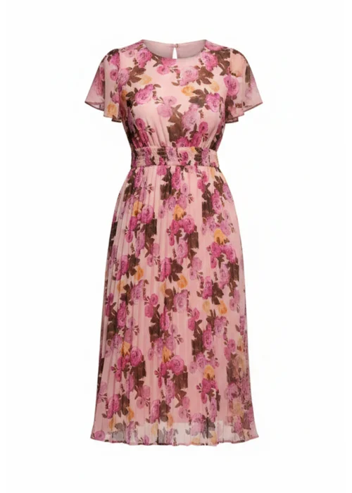Goddiva Pink Flutter Sleeve Pleated Skirt Floral Midi Dress - 18 Image 5