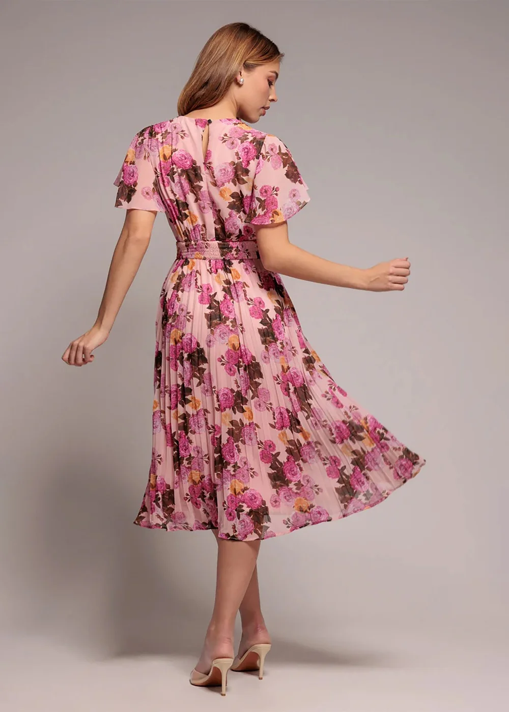 Goddiva Pink Flutter Sleeve Pleated Skirt Floral Midi Dress - 18 Image 2