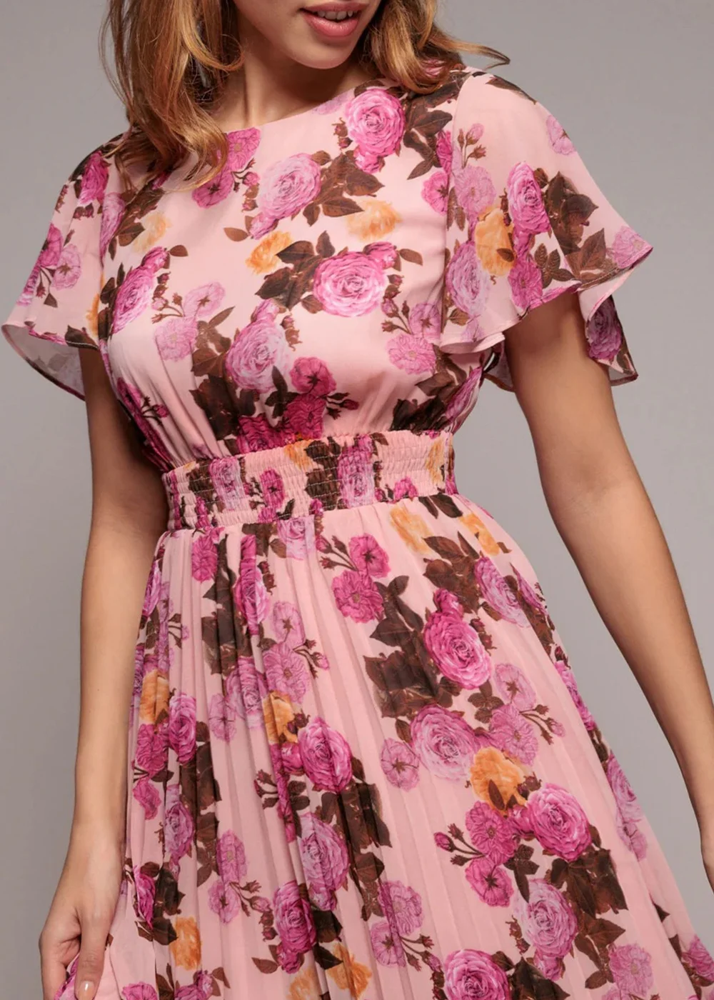Goddiva Pink Flutter Sleeve Pleated Skirt Floral Midi Dress - 18 Image 3