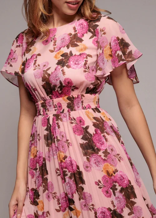 Goddiva Pink Flutter Sleeve Pleated Skirt Floral Midi Dress - 18 Image 3