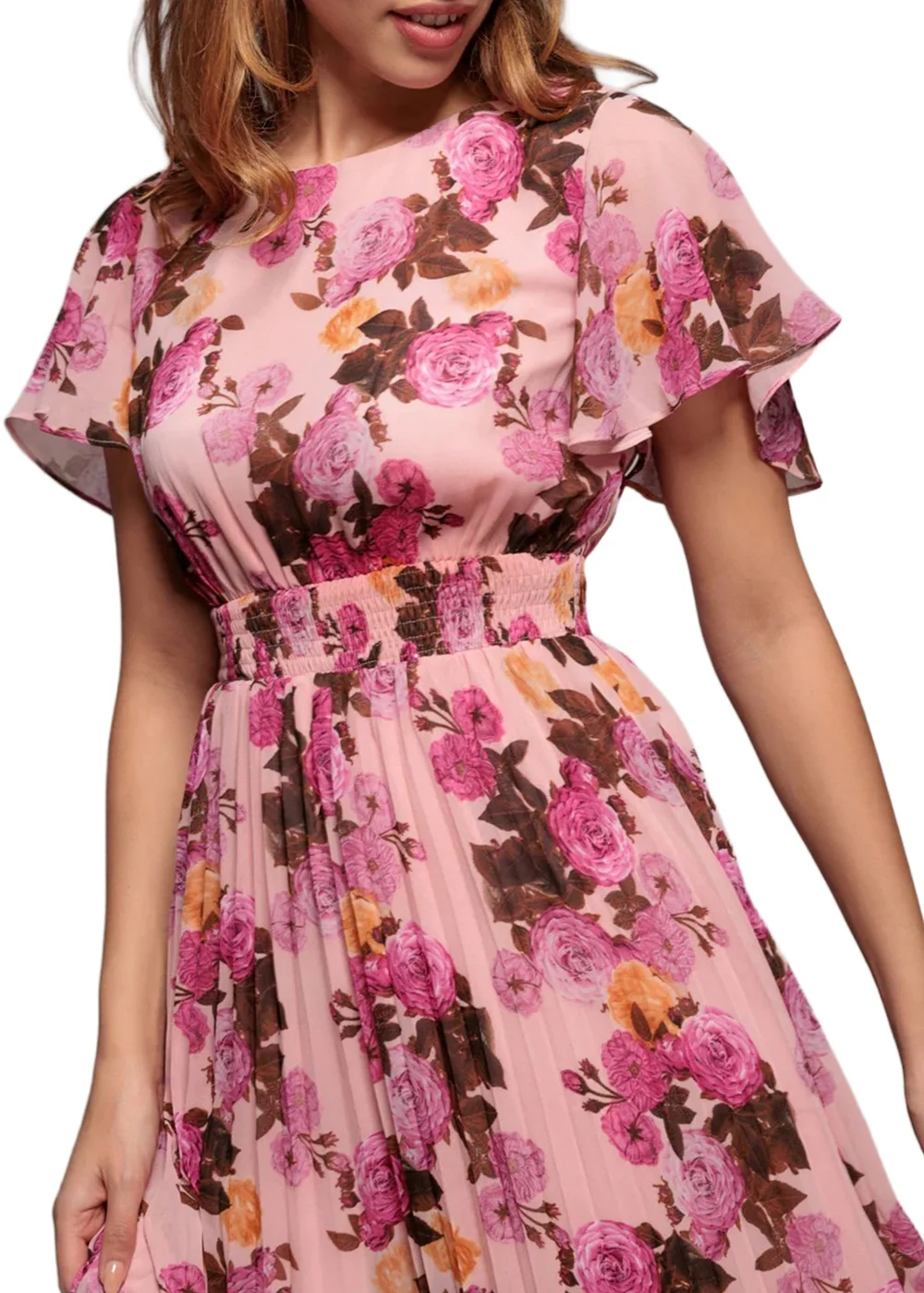 Goddiva Pink Flutter Sleeve Pleated Skirt Floral Midi Dress - 18 Image 2