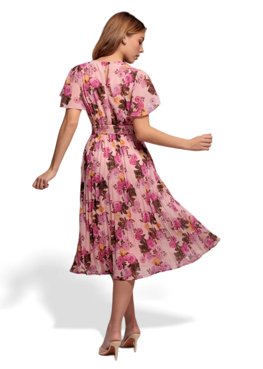 Goddiva Pink Flutter Sleeve Pleated Skirt Floral Midi Dress - 18 Image 1