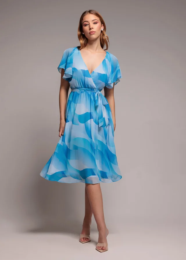 Goddiva Light Blue Printed Flutter Sleeve Chiffon Midi Dress