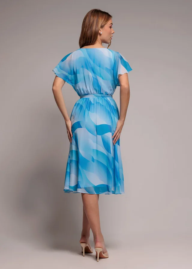 Goddiva Light Blue Printed Flutter Sleeve Chiffon Midi Dress