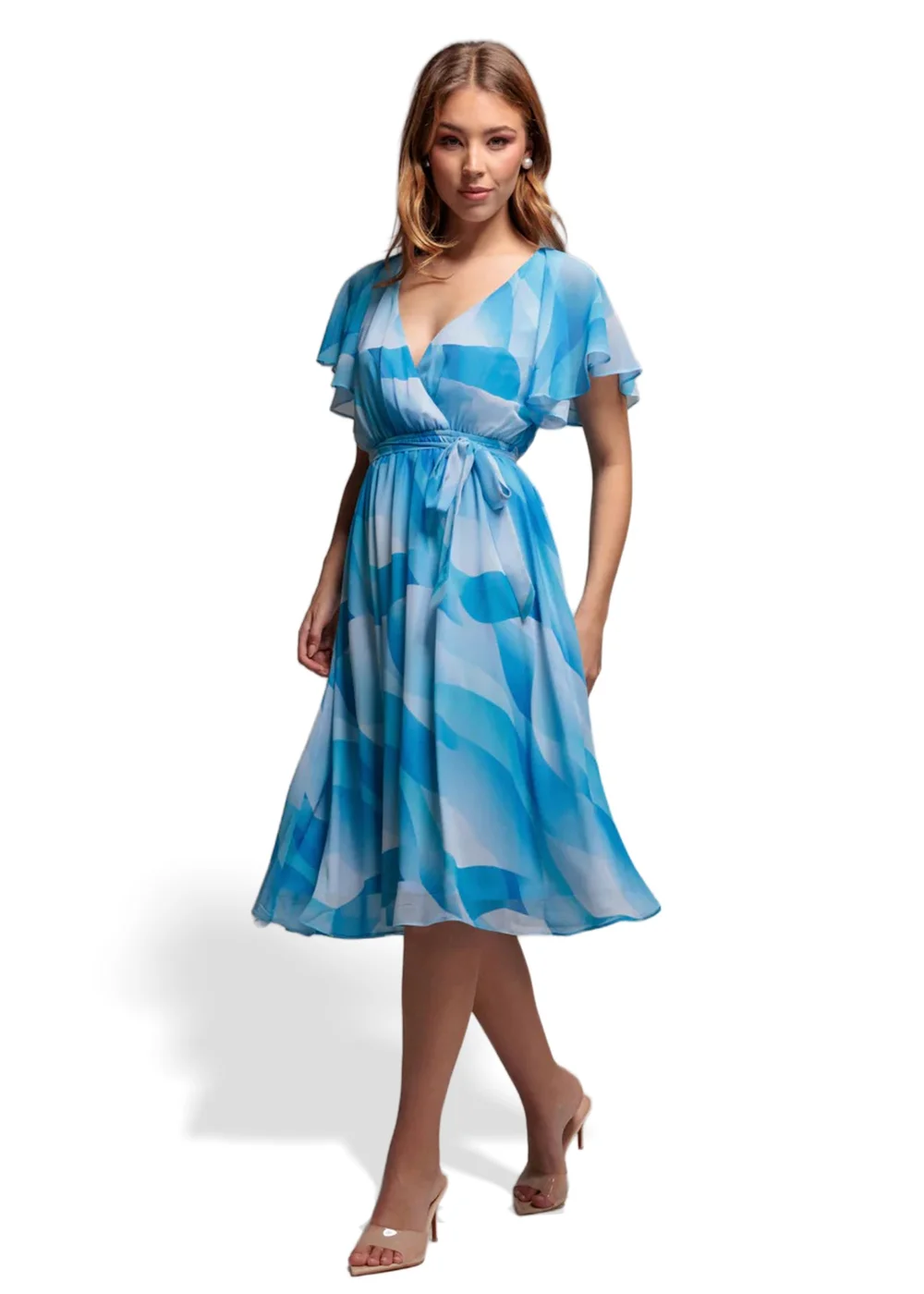 Goddiva Light Blue Printed Flutter Sleeve Chiffon Midi Dress - 8 Image 1