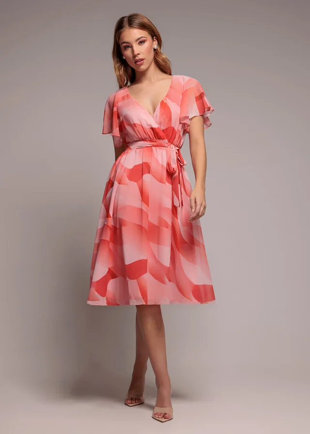 Goddiva Coral Printed Flutter Sleeve Chiffon Midi Dress