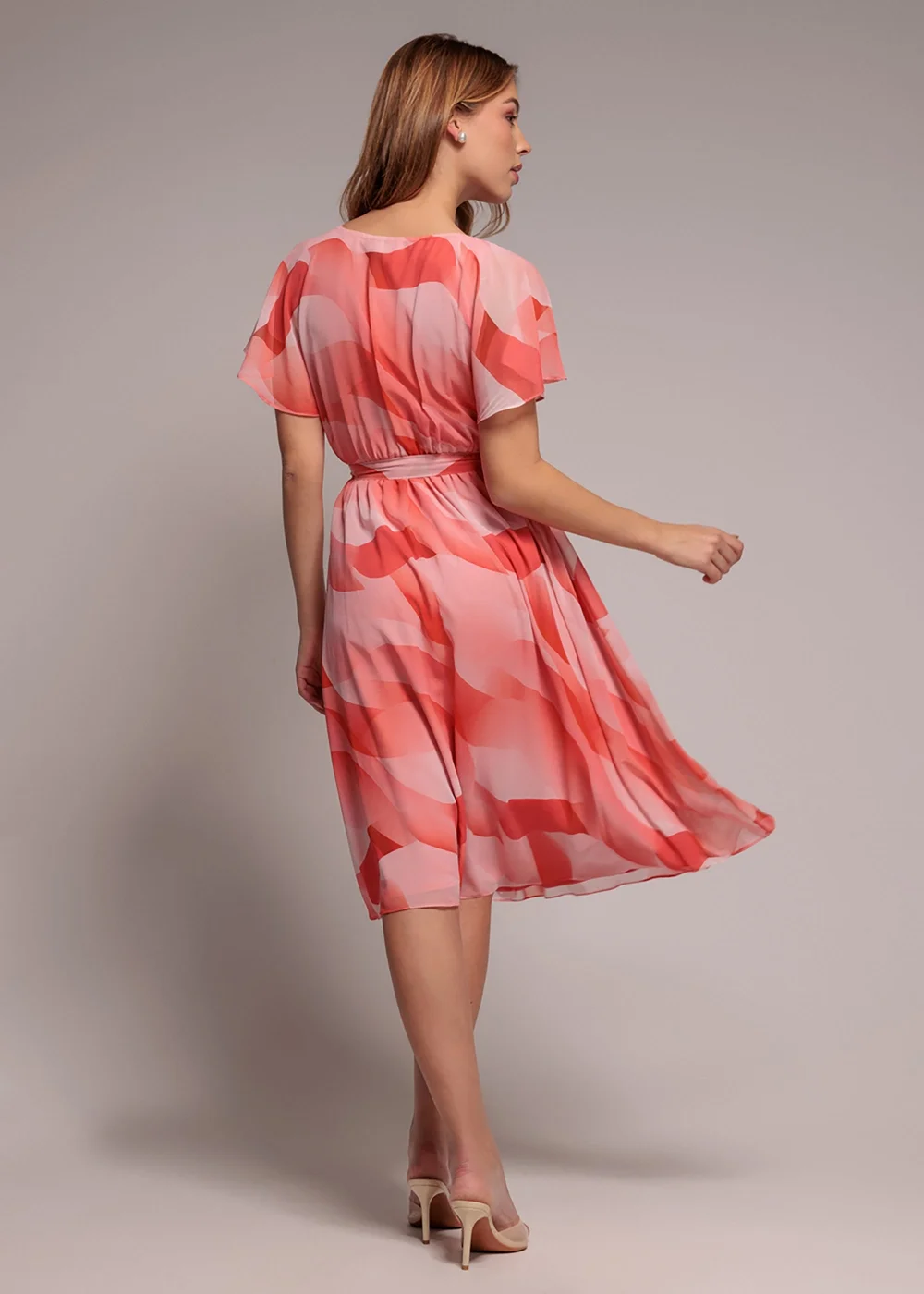 Goddiva Coral Printed Flutter Sleeve Chiffon Midi Dress - 10 Image 2