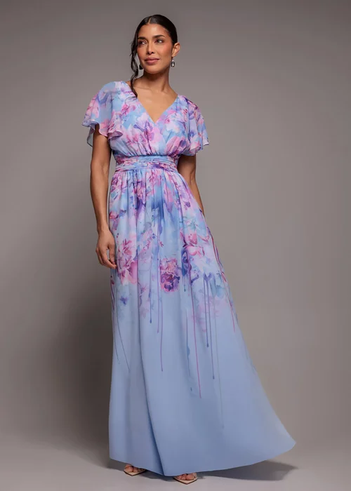 Goddiva Blue Printed Silky Chiffon Flutter Sleeve Maxi Dress - 10 Image 1